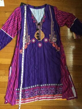 Purple & Pink Embroidered Tunic Dress (Kameez and Dupatta)
